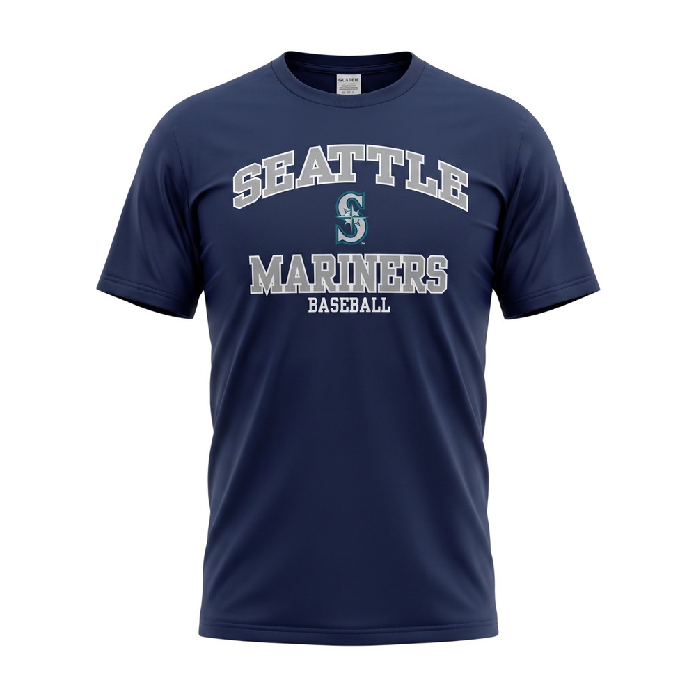 Gildan Mens Seattle Mariners Baseball Shirt Size L Navy Blue Cotton Graphic Tee
